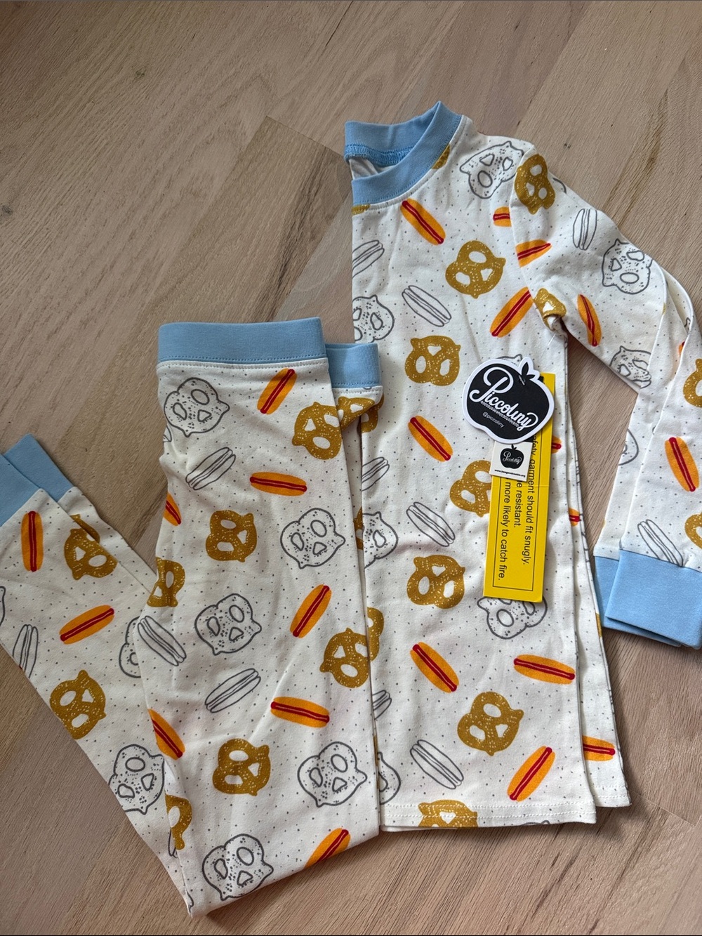 L'ovedbaby Blue Trim Kids Pajama Set with Pretzel & Hot Dog Print